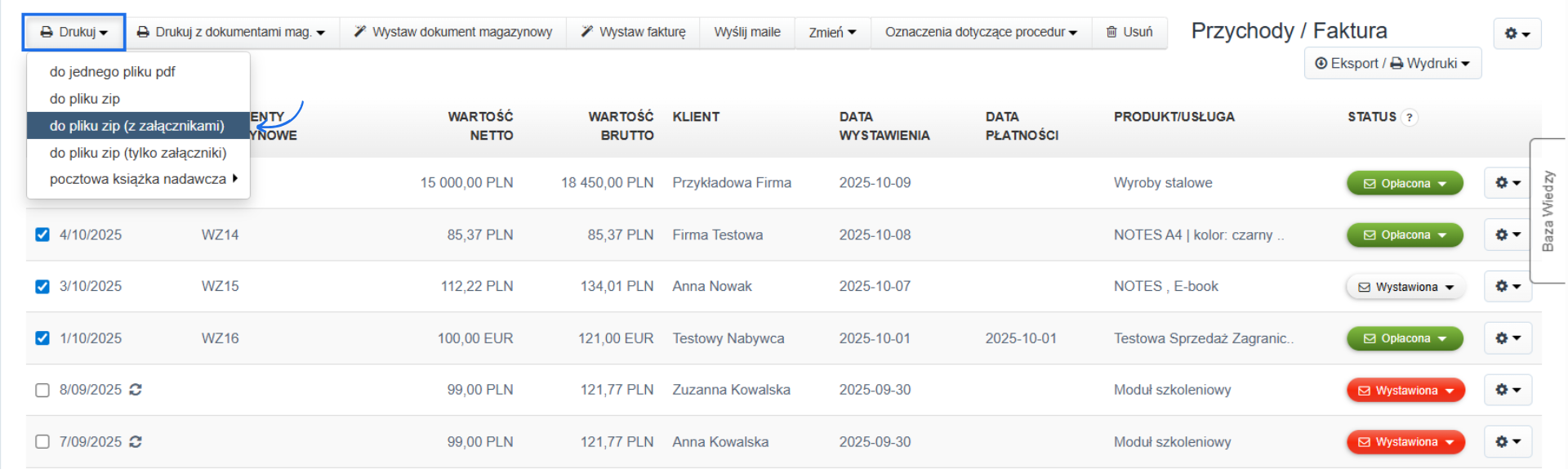 Menu podręcznego na liście faktur widoczne po zaznaczeniu checkboxów przy wybranych numerach z dostępną opcję wydruku do pliku ZIP z załącznikami.