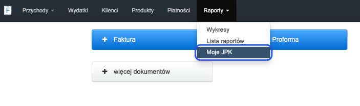 Menu raportów w systemie księgowym z opcją 'Moje JPK', lista raportów, wykresy oraz sekcją dodawania dokumentów Faktura i Proforma