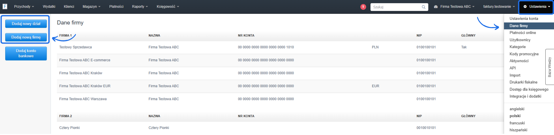 Panel danych firmy w ustawieniach konta z opcjami dodawania nowego działu, nowej firmy i konta bankowego.