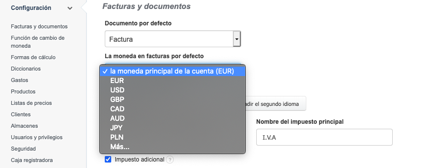La moneda en facturas por defecto