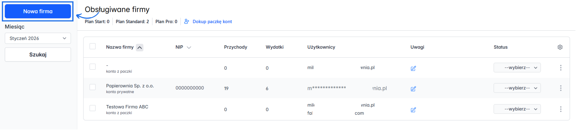 Lista obsługiwanych firm w panelu firm z możliwością dodania nowej firmy za pomocą przycisku 'Nowa firma'.