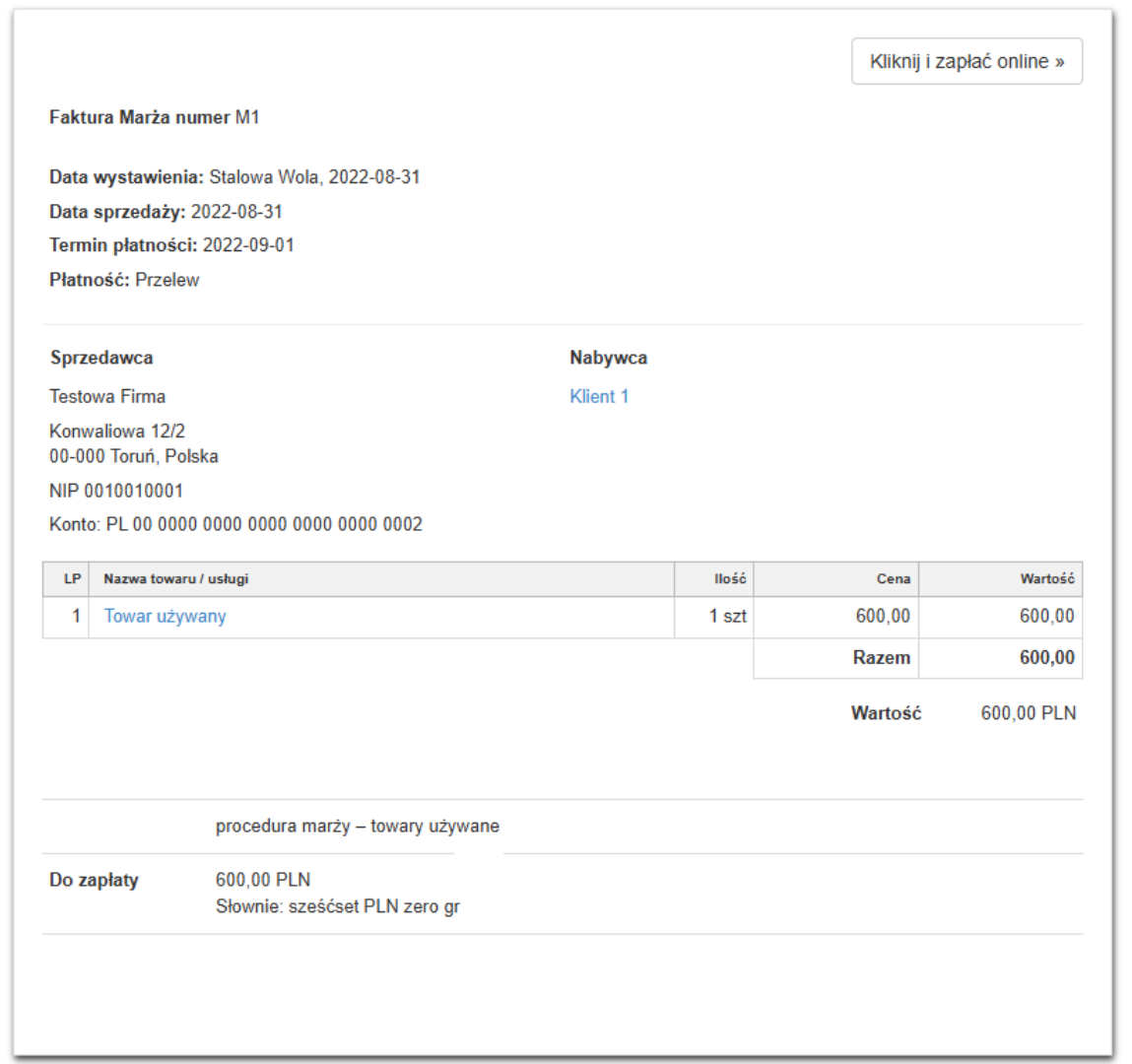 Faktura VAT marża w procedurze towary używane za sprzedaż używanego towaru dla przykładowego klienta.