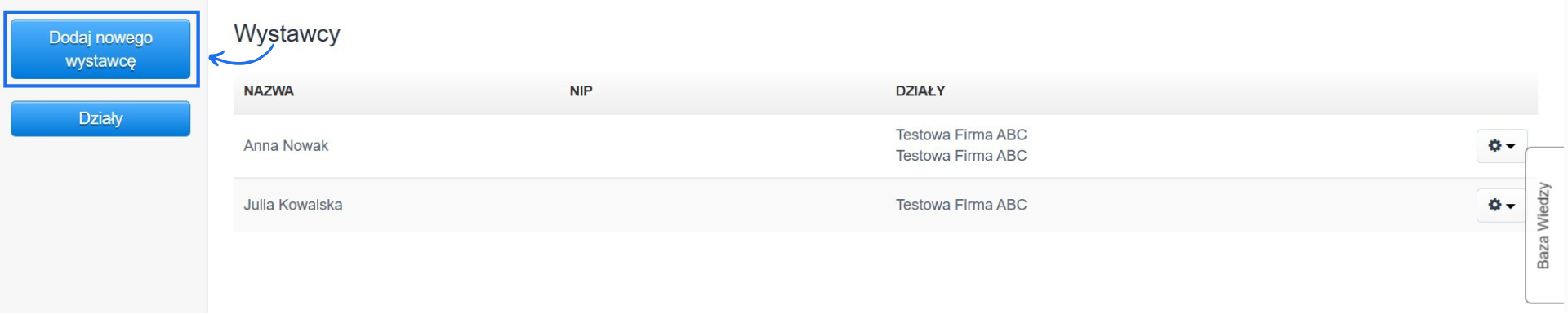 Lista wystawców dodanych na koncie użytkownika z możliwością dodania nowego wystawcy oraz przejścia na listę działów.