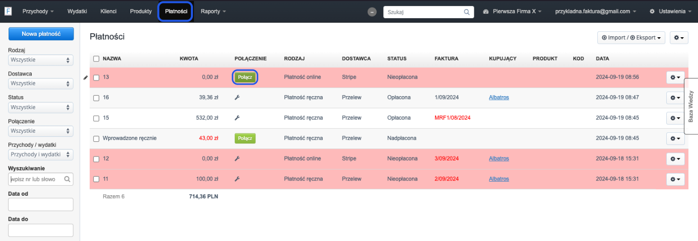 Panel płatności z widocznymi transakcjami, opcją połączenia płatności online oraz ręcznych, lista faktur i statusów płatności