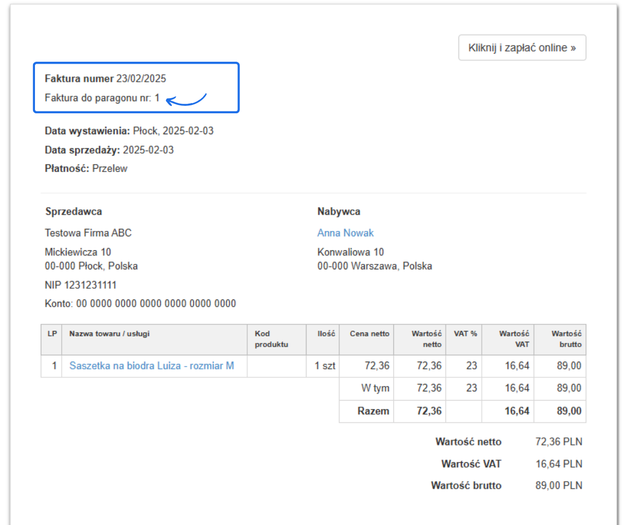 Widok faktury w systemie księgowym z zaznaczoną informacją 'Faktura do paragonu nr: 1'. Faktura zawiera dane sprzedawcy, nabywcy oraz szczegóły dotyczące zakupu, w tym nazwę produktu, cenę netto, VAT i wartość brutto.
