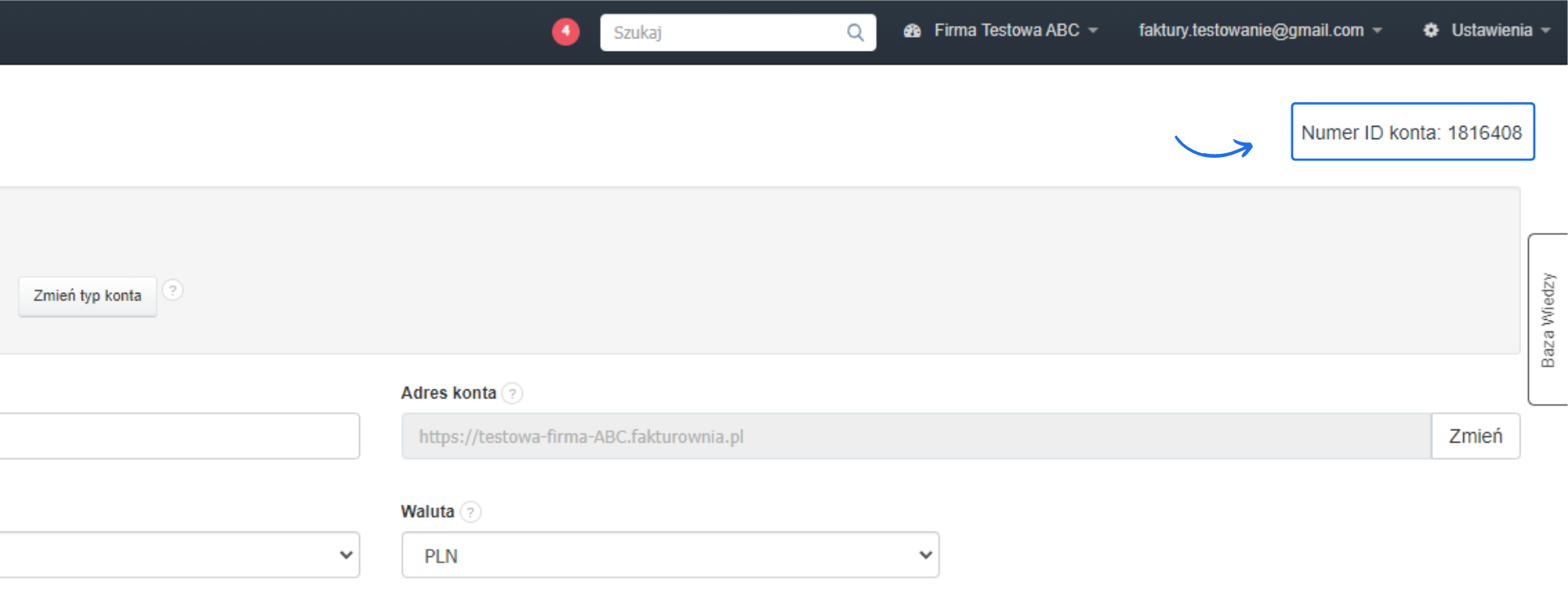 Ekran ustawień konta użytkownika z numerem ID konta, opcją zmiany typu konta i adresem URL.