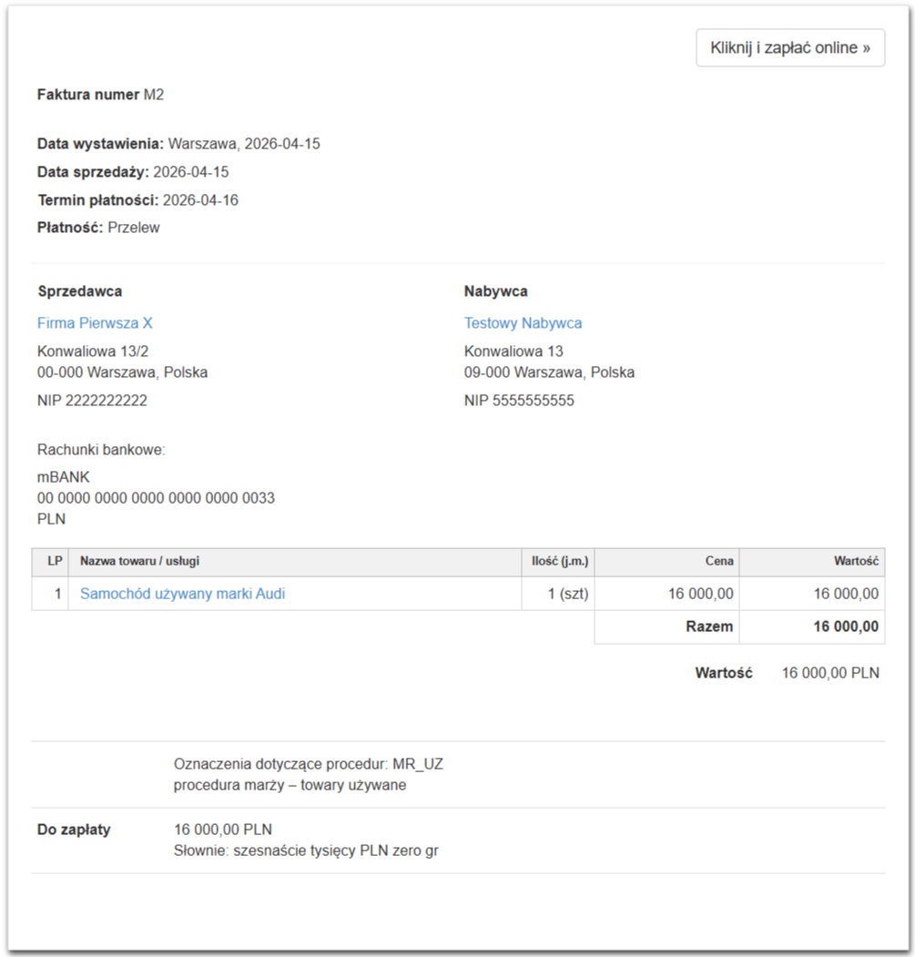 Przykład faktury VAT marża za sprzedaż używanego samochodu.