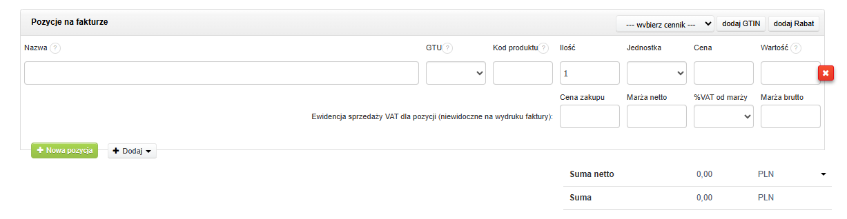 Formularz faktury sprzedażowej marża z sekcją pozycje na fakturze, gdzie dostępne są pola do cen sprzedaży oraz cen zakupu towaru czy usługi.
