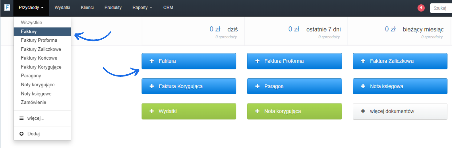 Strona główna konta w Fakturowni z dedykowanymi przyciskami do wystawienia dokumentu oraz aktywną zakładką przychody i listą wyboru dokumentów do wystawienia.