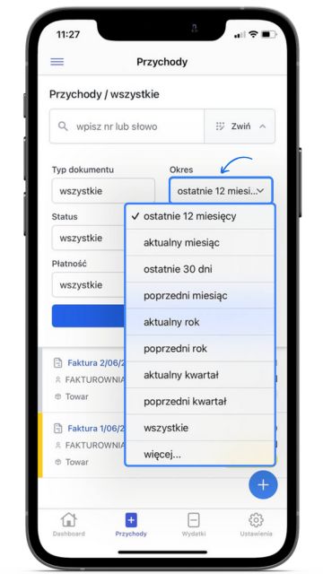 Aplikacja mobilna Fakturowni – ekran filtrowania przychodów z rozwiniętym menu wyboru okresu, zawierającym m.in. ostatnie 12 miesięcy, aktualny rok i kwartał.