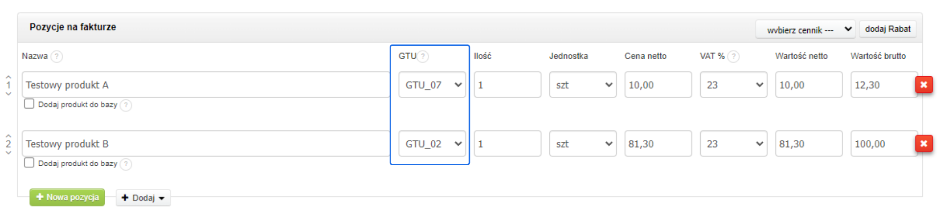 Formularza faktury z testowymi produktami A i B, oznaczonymi kodami GTU_07 i GTU_02 oraz cenami netto i VAT