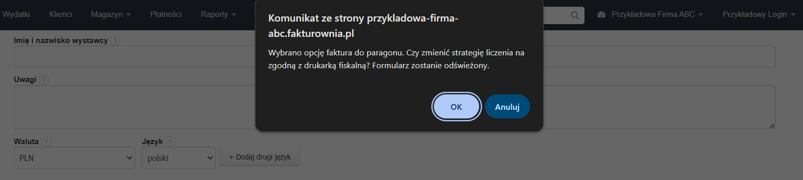 Komunikat systemowy w Fakturowni wyświetlany przez system dla aktywnego pola faktura do paragonu, który wpływa na ustawienia strategii liczenia dla dokumentu.