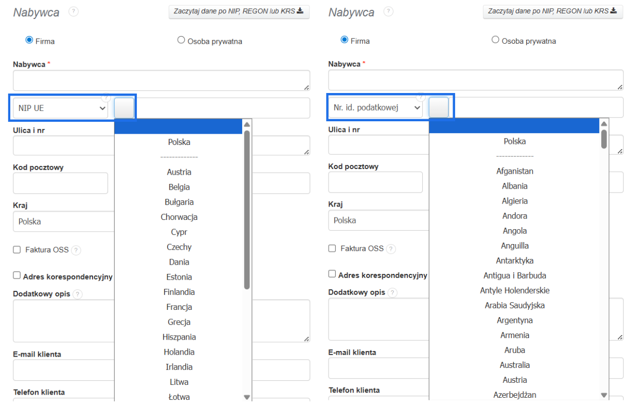 Lista krajów do oznaczenia kodu kraju w danych Nabywcy w zależności od rodzaju numeru identyfikacyjnego.