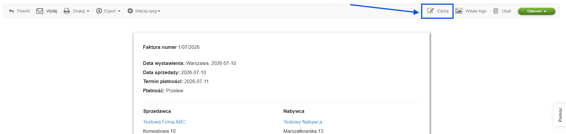Podgląd faktury sprzedażowej wystawionej w Fakturowni z aktywną opcją edycji dokumentu