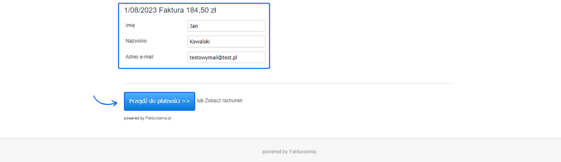 Podsumowanie płatności dla faktury 1/08/2023 na 184,50 PLN z danymi klienta i przyciskiem 'Przejdź do płatności'.