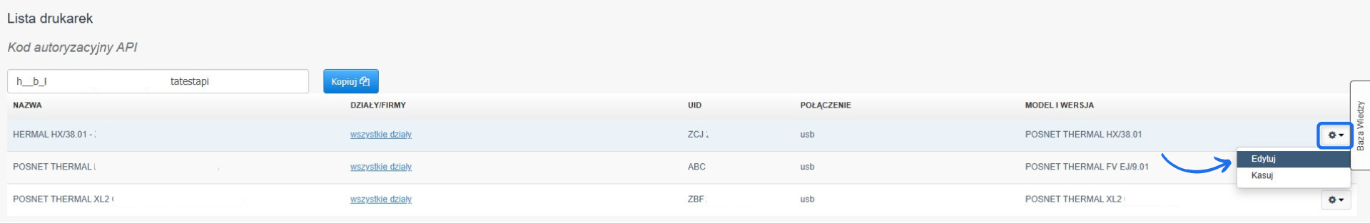 Lista drukarek fiskalnych z opcją edycji POSNET THERMAL FV EJ i widocznym kodem API w Fakturowni