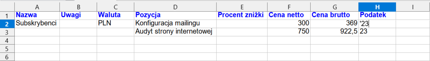 Przykładowy plik XLS z cennikiem: kolumny zawierają nazwę, uwagi, walutę, pozycję, procent zniżki, cenę netto, cenę brutto i podatek.