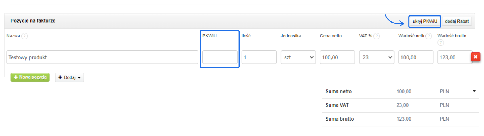 Formularz faktury z dodaną pozycją 'Testowy produkt' z możliwością ukrycia pola PKWiU i dodania rabatu.