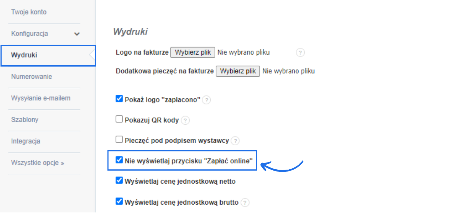 Ustawienia konta w systemie do fakturowania online z aktywną opcją wyłączenia przycisku do płatności na wydruku dokumentu.