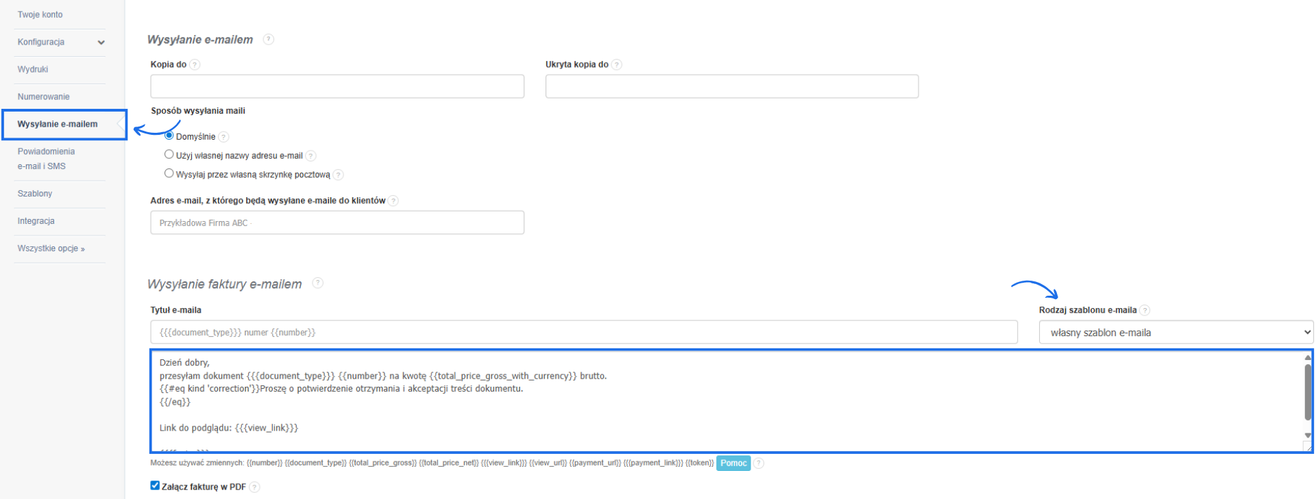 Ustawienia konta w systemie Fakturownia z aktywną zakładką wysyłanie e-mailem, wybranym własnym szablonem e-maila i edytowalną treścią wiadomości.