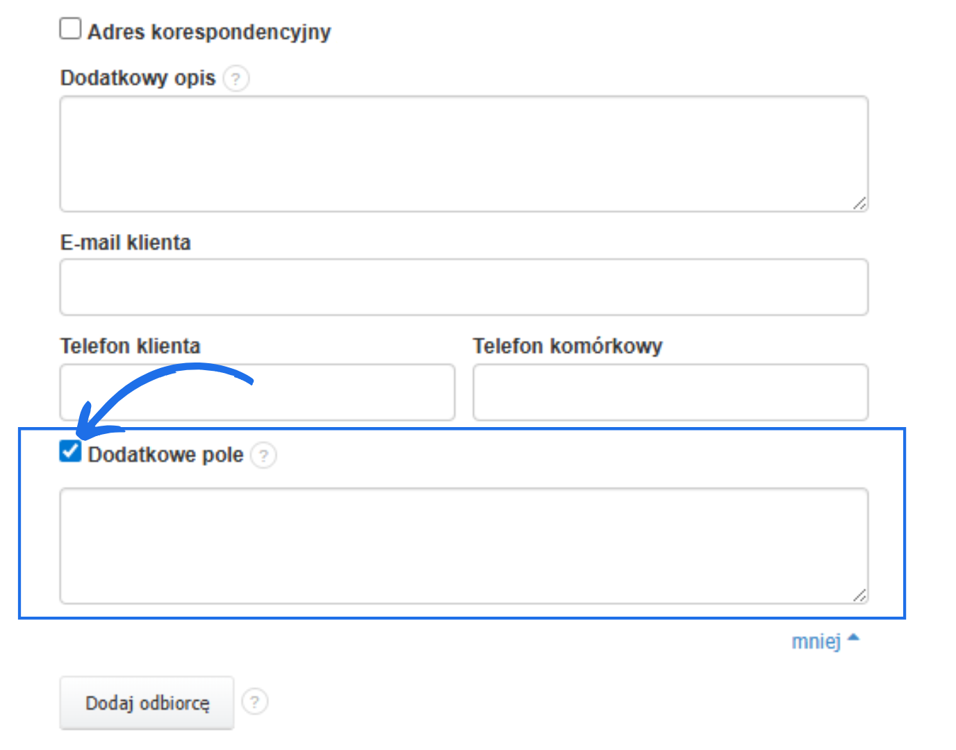 Formularz danych klienta z zaznaczoną opcją „Dodatkowe pole” i aktywnym polem tekstowym do wpisania informacji