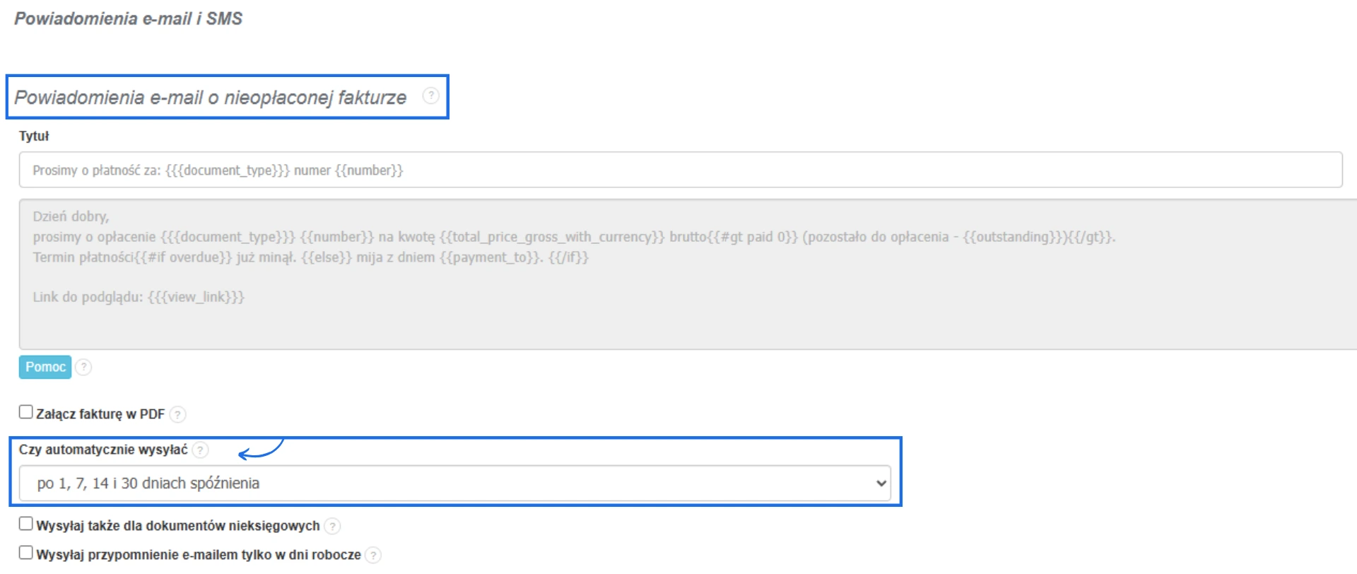 Panel konfiguracji powiadomień e-mail z zaznaczonymi opcjami przypomnień o zaległej płatności po określonych dniach.