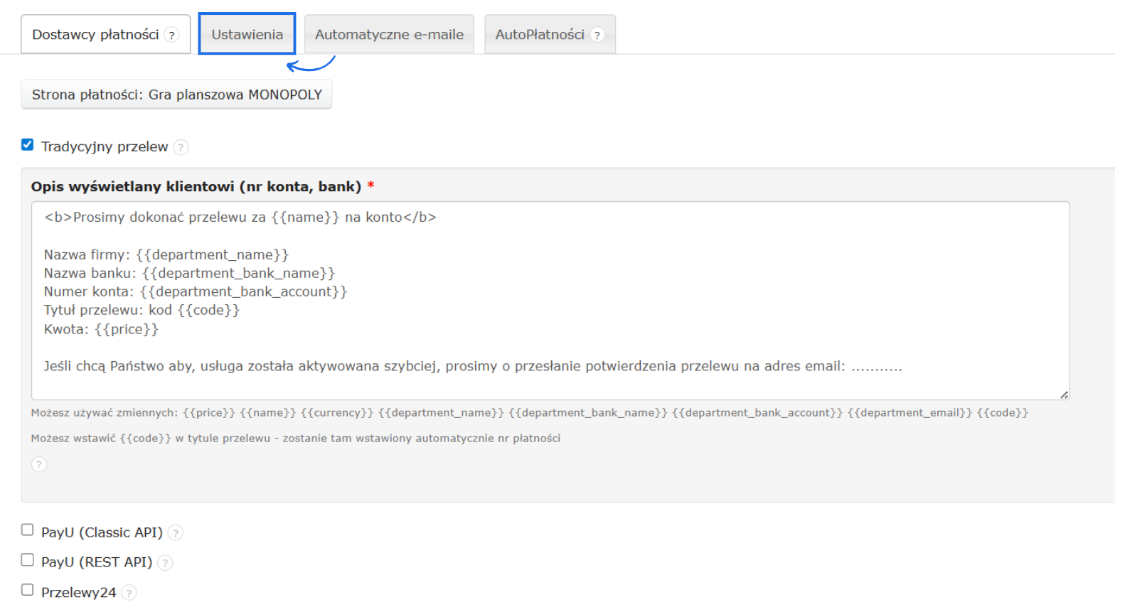 Ustawienia autopłatności z listą dostawców płatności do aktywacji oraz dodatkowymi ustawieniami dla płatności online dostępnych z poziomu faktury.
