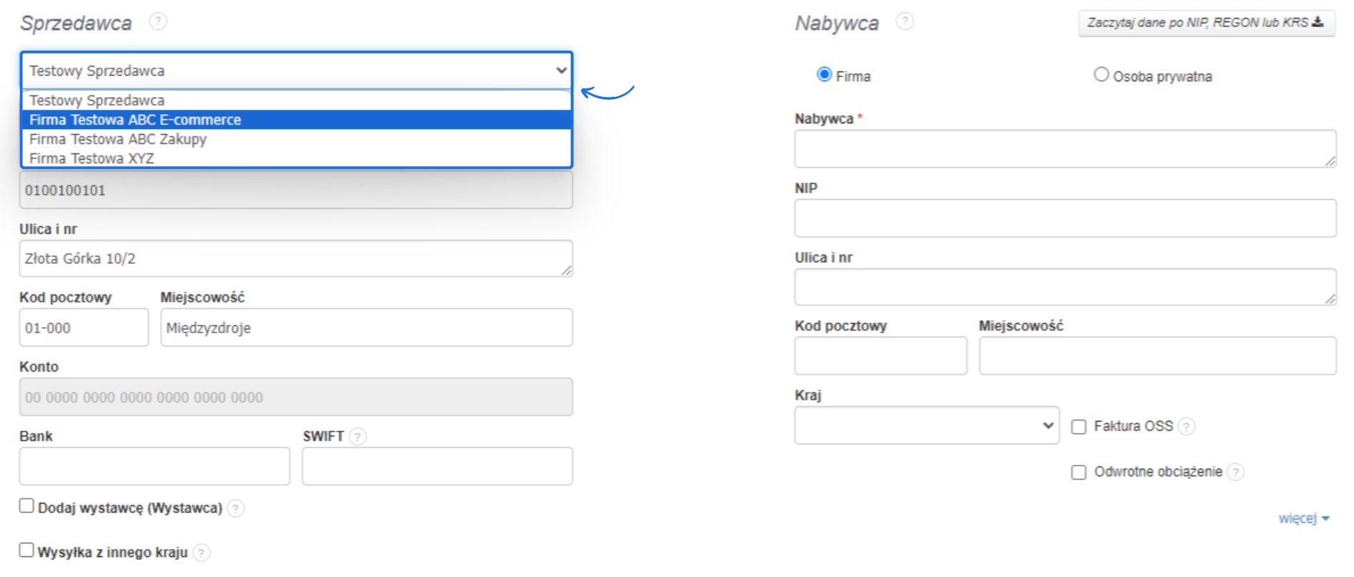Formularz faktury z opcją wyboru sprzedawcy, zawierający rozwijaną listę z różnymi firmami do wyboru.