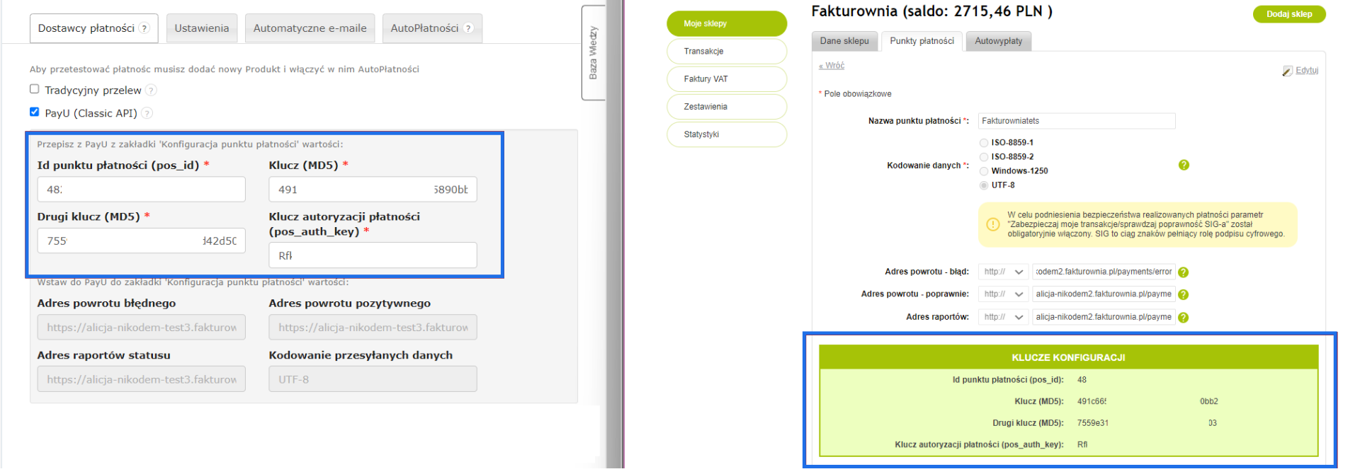 Pola konfiguracji połączenia z bramką płatności PayU po stronie Fakturowni i PayU.