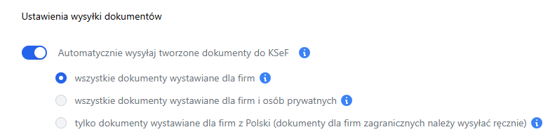 Ustawienia automatycznej wysyłki do KSeF DEMO: suwak automatu oraz wybór zakresu dokumentów (firmy / firmy i osoby prywatne / tylko firmy z Polski).