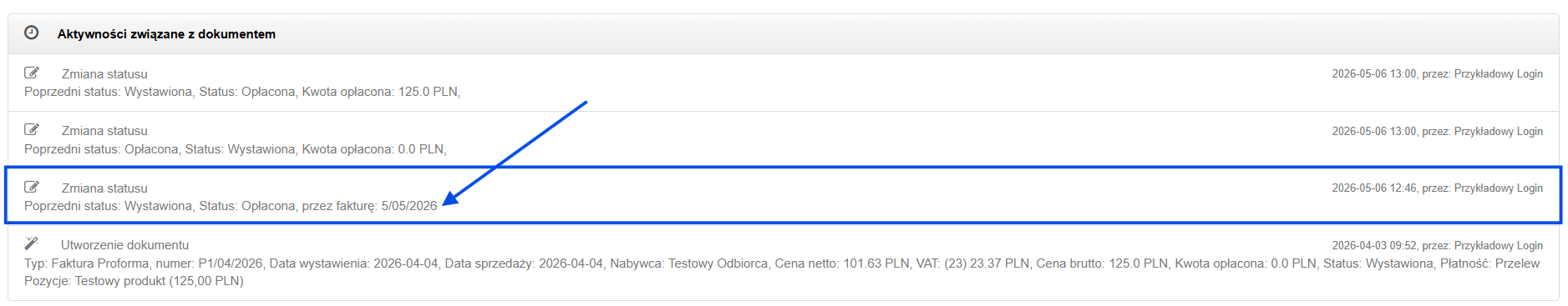 Sekcja aktywności związanych z dokumentem w tym zmiana statusu proformy na opłacona na podstawie faktury VAT.