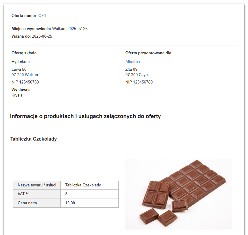 Oferta sprzedaży tabliczki czekolady z VAT 8% i ceną netto 10 zł, zawierająca zdjęcie produktu.