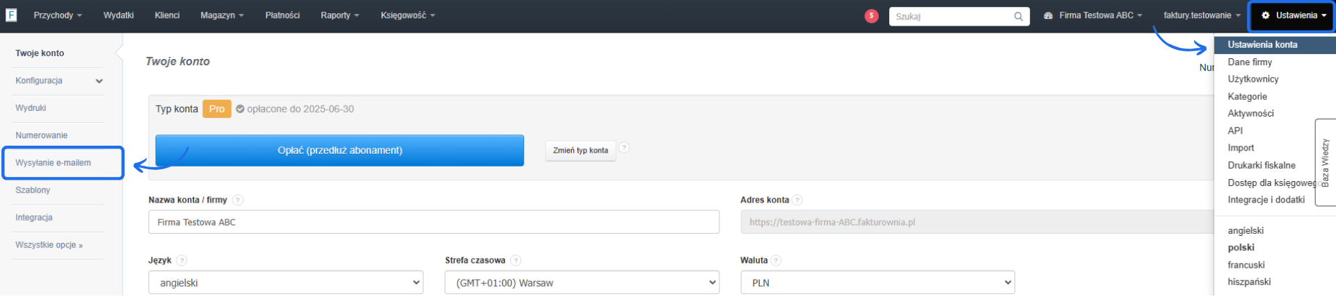 Ustawienia konta w systemie Fakturownia z opcją konfiguracji wysyłania e-paragonów i wyborem języka interfejsu.