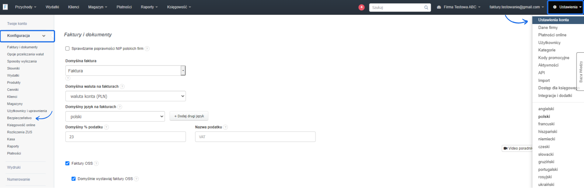 Ekran ustawień konfiguracji w systemie Fakturowni z zaznaczoną opcją bezpieczeństwa i domyślnymi ustawieniami faktury oraz języka na fakturach.