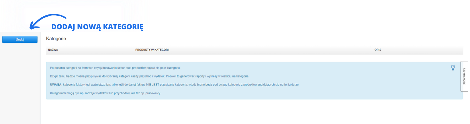 Strona z listą kategorii w Fakturowni, z dużym niebieskim przyciskiem 'Dodaj nową kategorię' oraz instrukcją o znaczeniu kategorii w przypisywaniu do przychodów i wydatków.