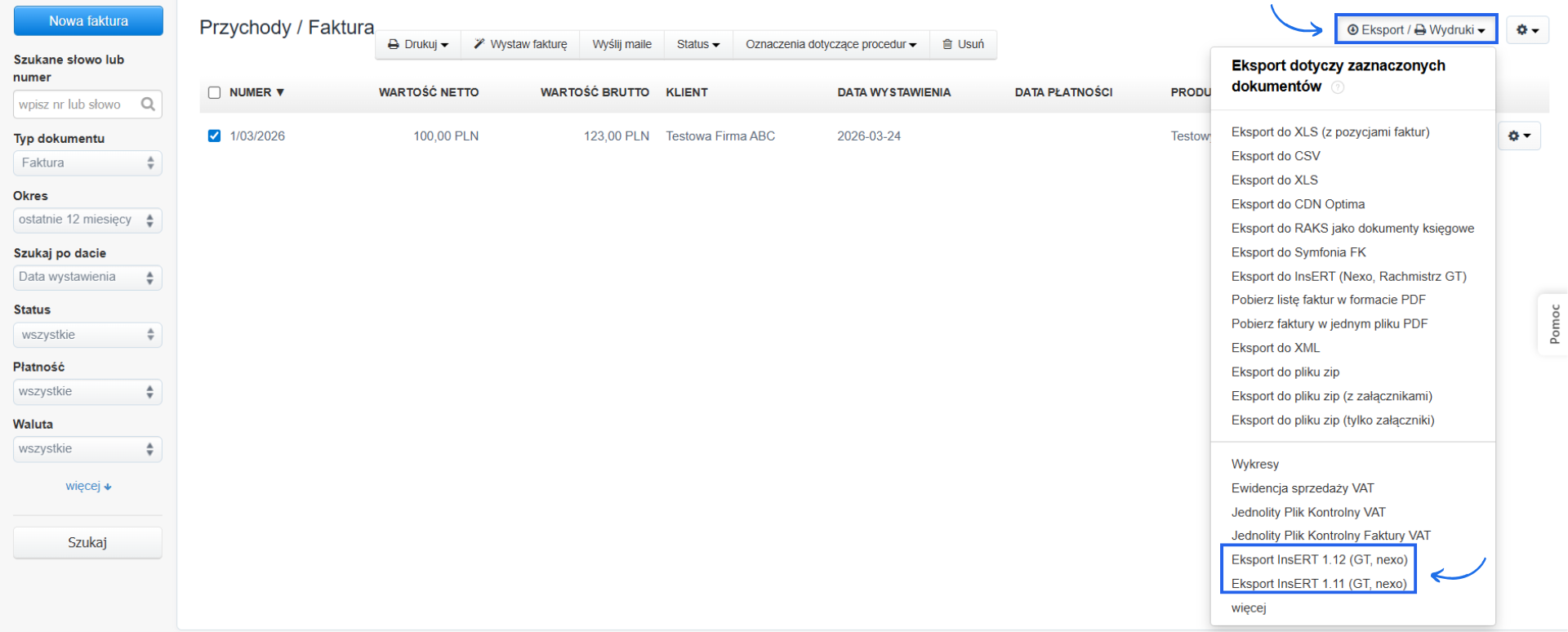 Lista faktur sprzedażowych z aktywną opcją eksportu danych do InsERT.