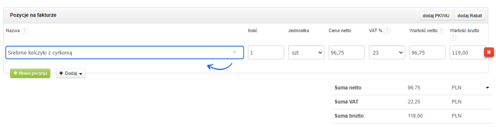 Formatka dodawania nowego produktu na fakturze z przykładowym produktem 'Srebrne kolczyki z cyrkonią', ilością 1 szt., ceną netto 96,75 PLN i VAT 23%.