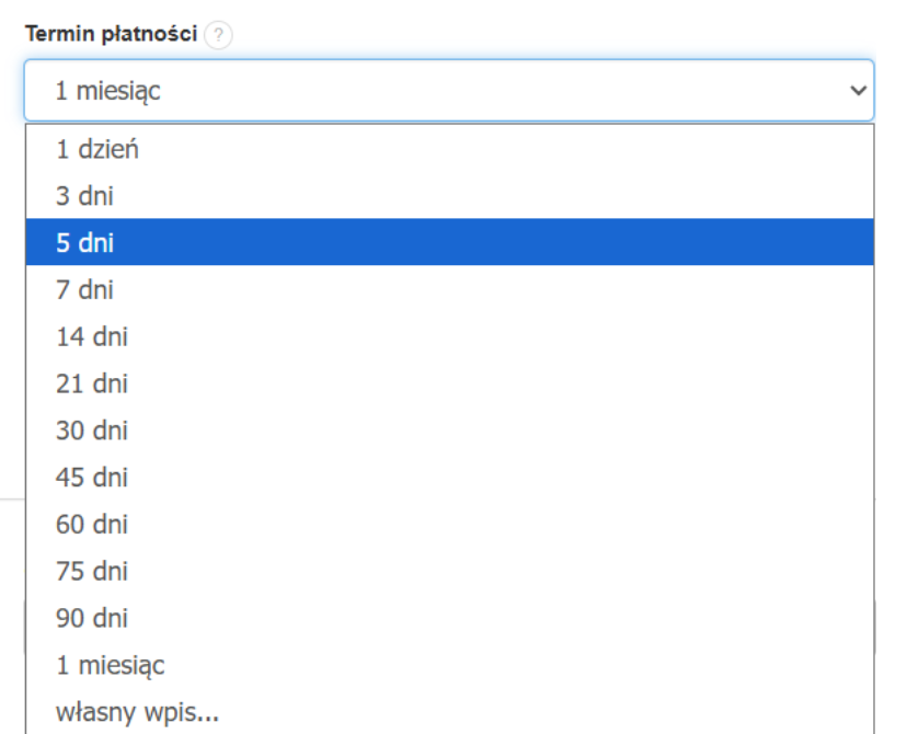 Lista terminów płatności dostępna do wyboru w formularzu tworzenia faktury cyklicznej w systemie do fakturowania online.