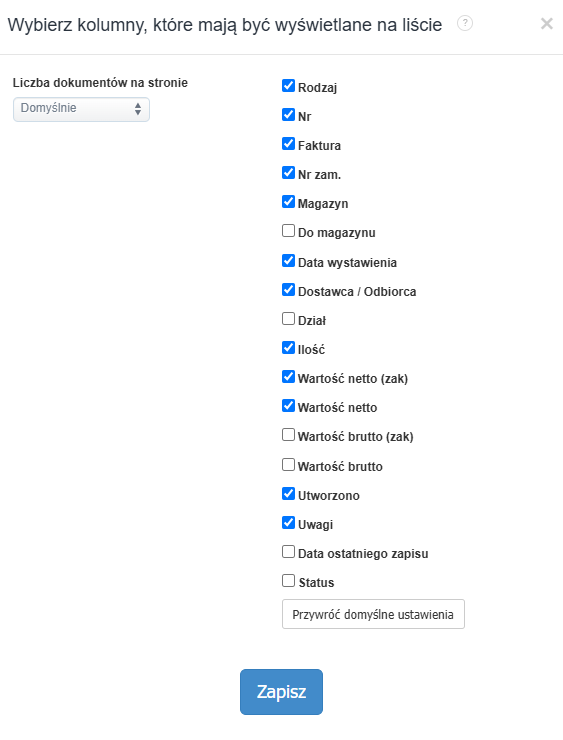 Panel ustawień listy dokumentów magazynowych z zaznaczonymi kolumnami: rodzaj, nr, faktura, magazyn, ilość, wartość netto.