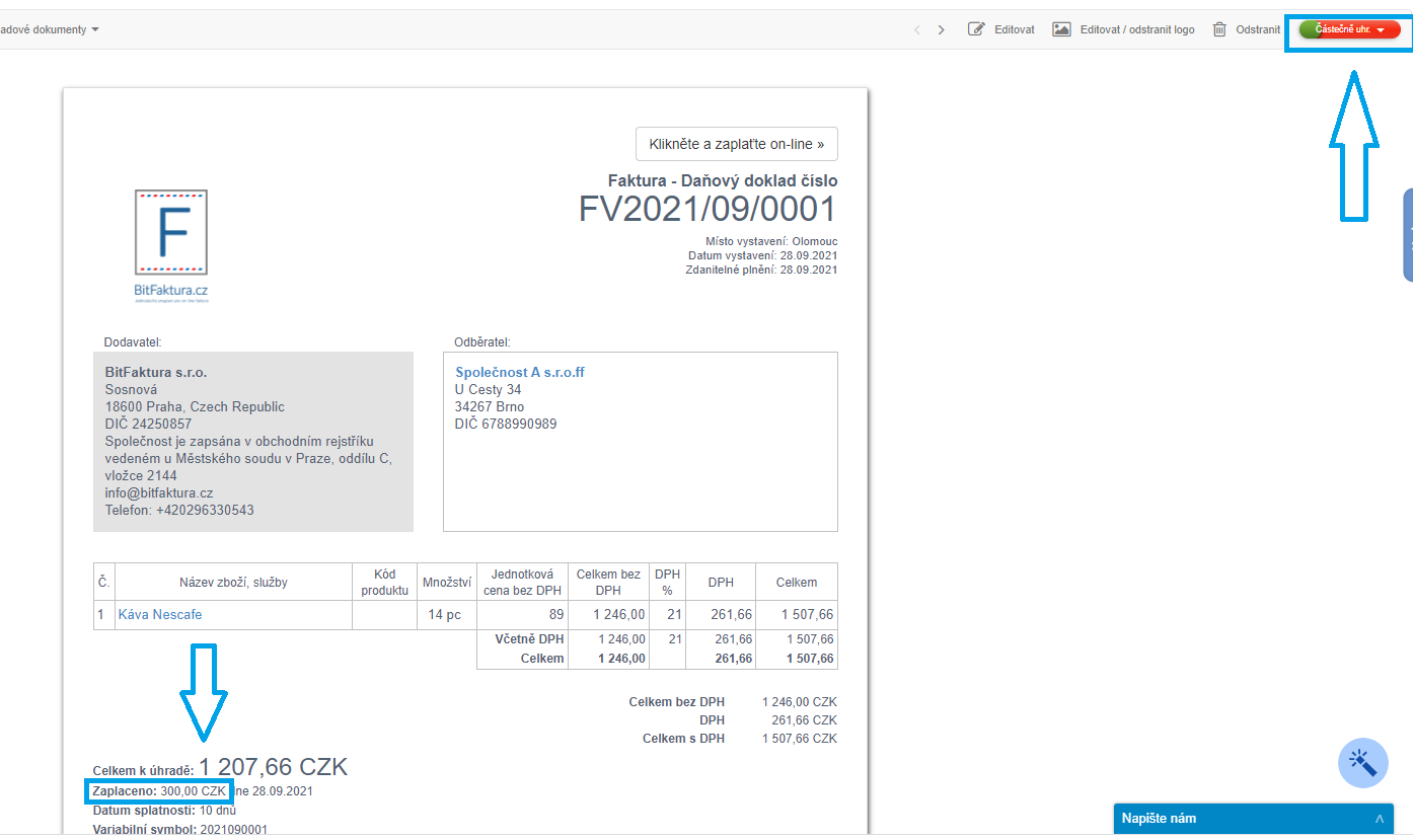 Faktura castecne uhrazena 2