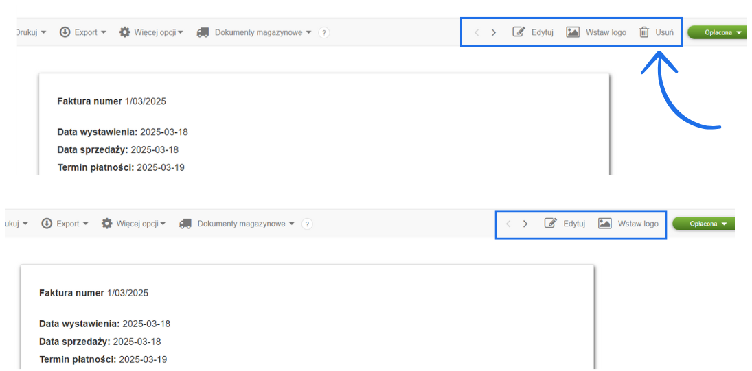 Porównanie widoku faktury z aktywną i nieaktywną opcją „Usuń” – blokada usuwania faktur w systemie fakturowym.