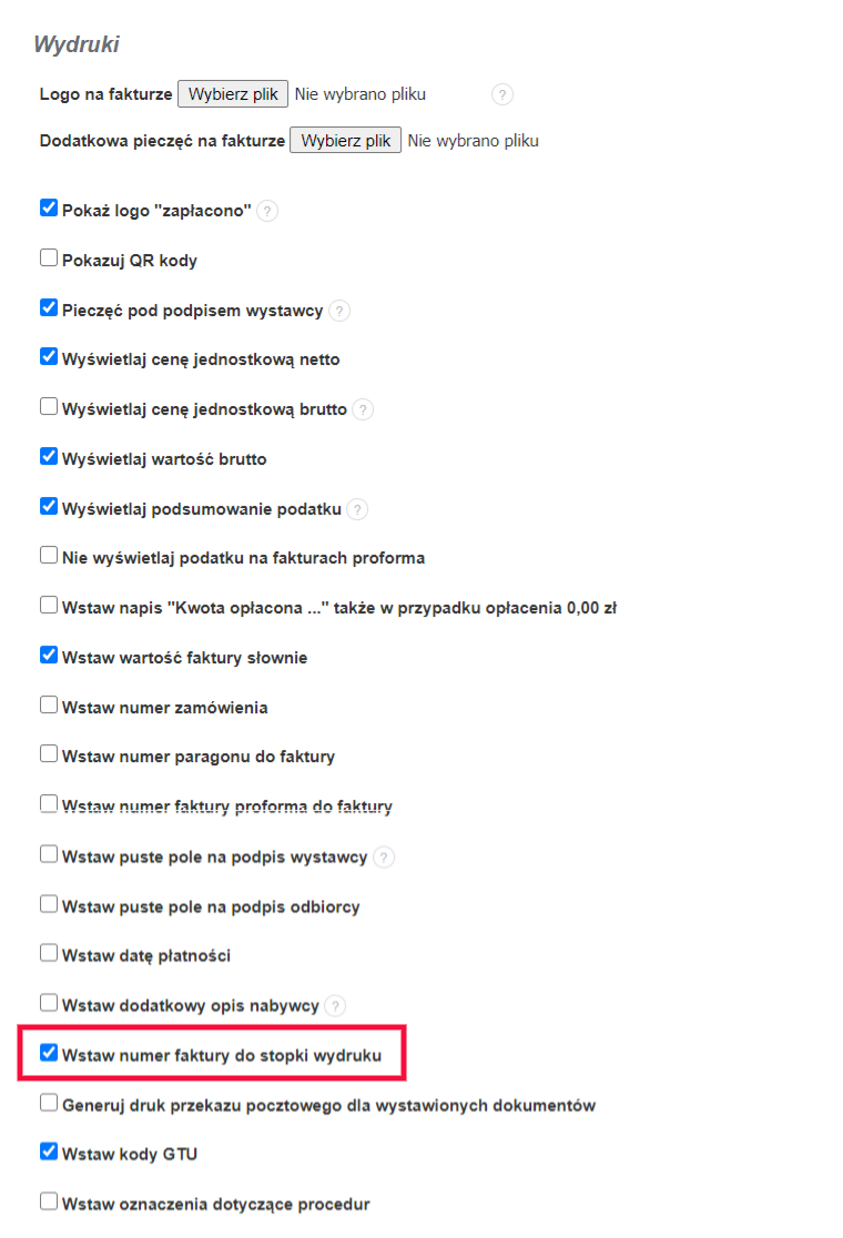 numer faktury na stopce wydruku
