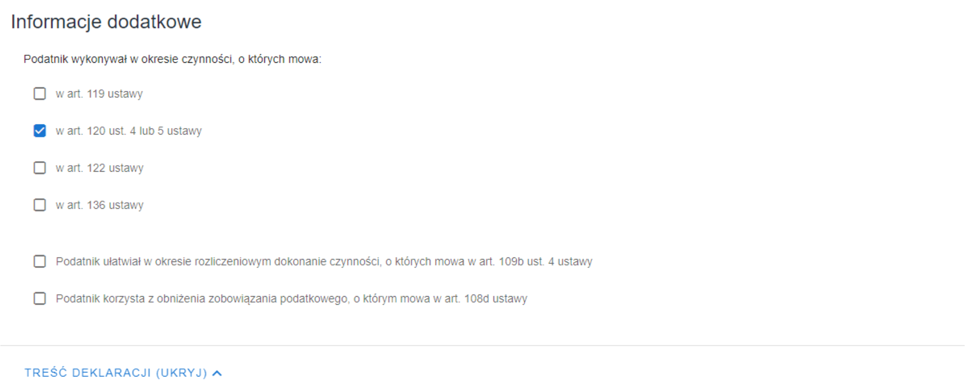 Formularz JPK V7, dodatkowe informacje o czynnościach podatnika, z zaznaczoną opcją art. 120 ust. 4 lub 5 ustawy.