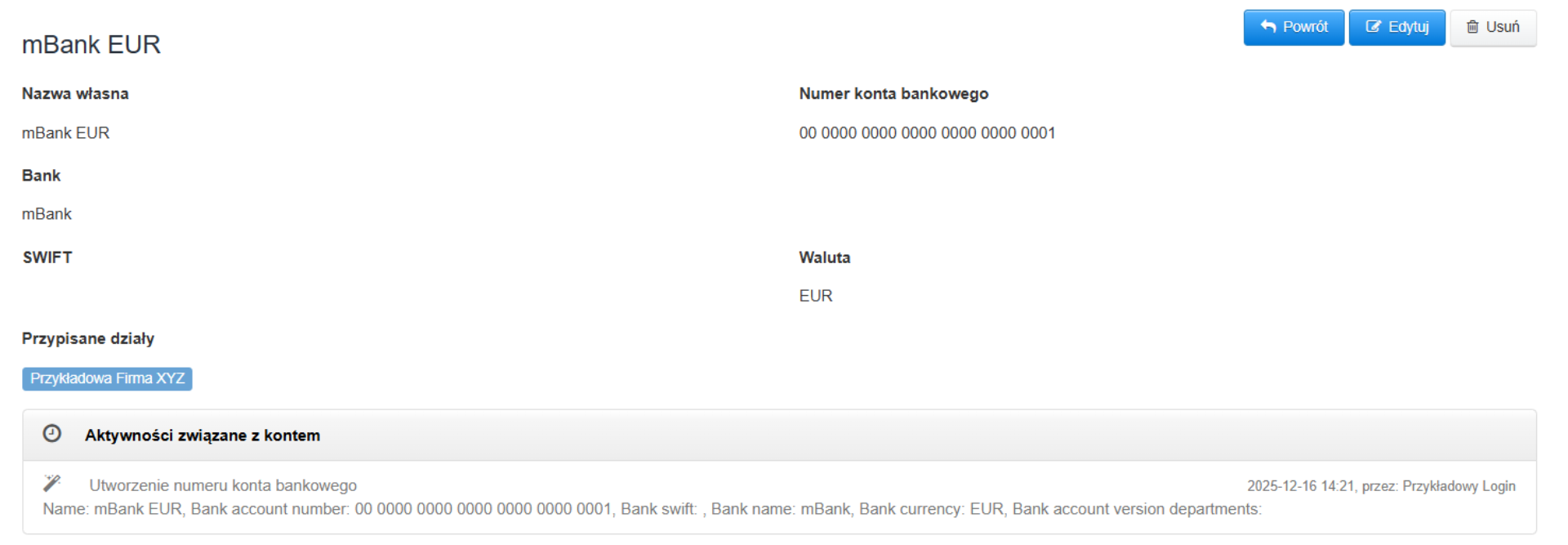 Karta konta bankowe z podsumowaniem danych o rachunku, czyli nazwa banku, waluta, numer rachunku, działy, do których rachunek przypisano oraz zmiany wprowadzane w obrębie danych konta.