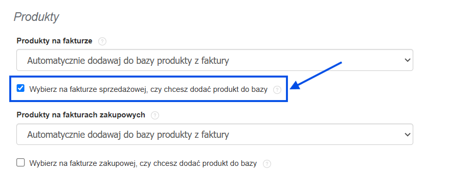 Opcja wyboru dodania produktu do bazy w ustawieniach konta.