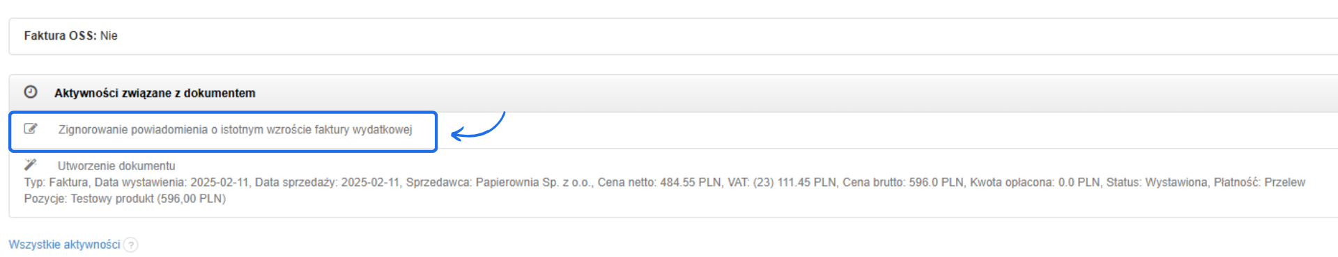 Sekcja aktywności związanych z dokumentem, zawierająca informację o zignorowaniu powiadomienia o istotnym wzroście kwoty faktury wydatkowej.