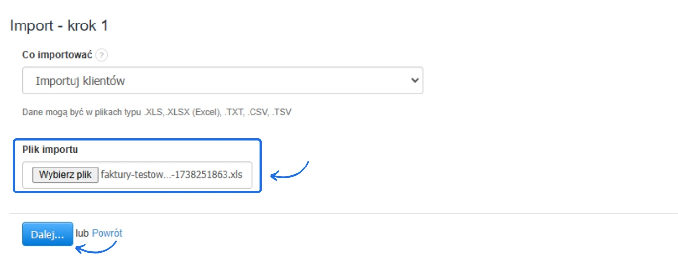 Ekran importu klientów w systemie, z zaznaczonym polem wyboru pliku XLS oraz przyciskiem 'Dalej...' do kontynuacji procesu.