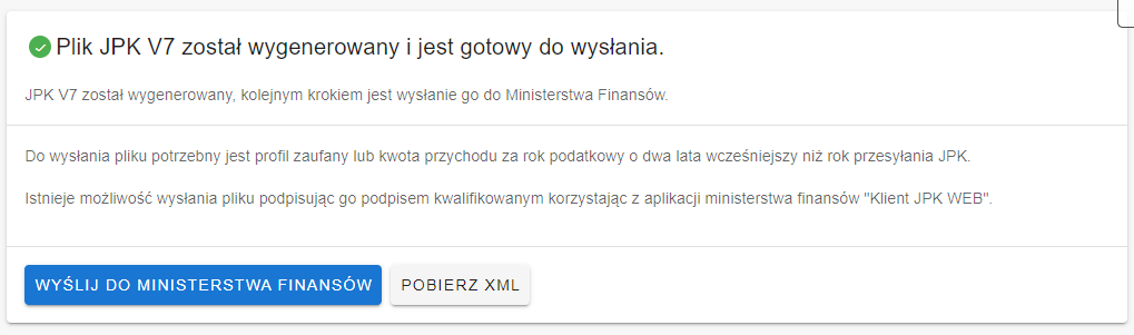 Plik JPK V7 wygenerowany i gotowy do wysłania, opcje: wyślij do Ministerstwa Finansów lub pobierz XML w systemie do zarządzania finansami