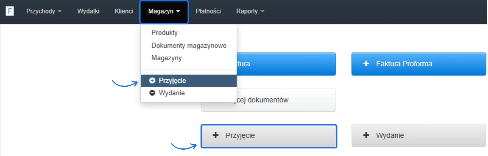Widok systemu magazynowego z zaznaczonymi opcjami dodania nowego przyjęcia zewnętrznego (PZ) przez menu Magazyn lub dedykowany przycisk.