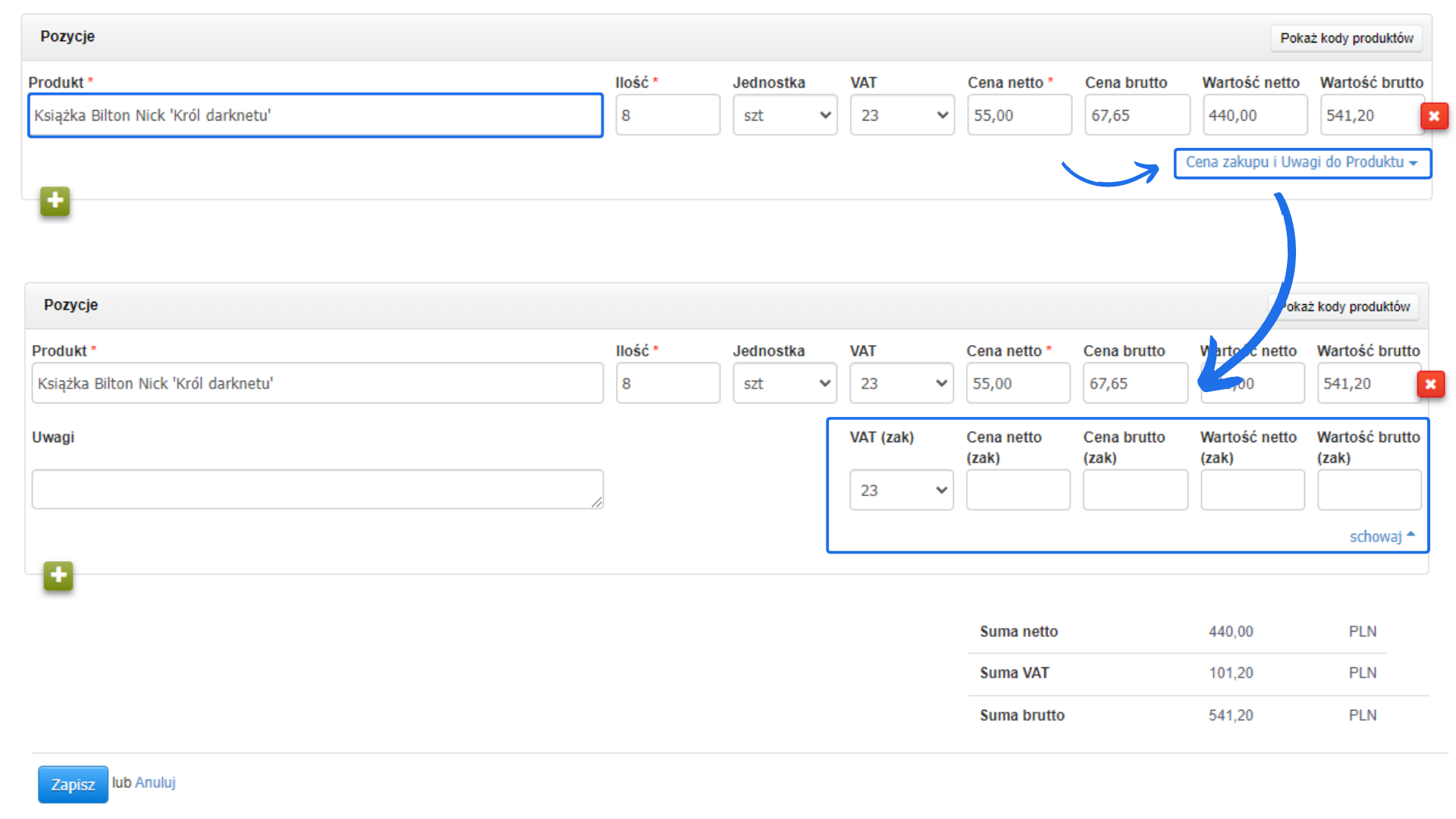 Formularz dokumentu magazynowego RW z opcjami ustawienia ceny sprzedaży, zakupu, VAT oraz szczegółów dotyczących produktu i wartości brutto.